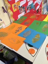 A lot of painted leaves made by pupils of Welbourn Primary School in Lyndall Phelps' workshop.