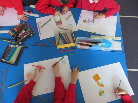 Pupils of All Saints Primary School drawing their most significant places and personifications of Waddington